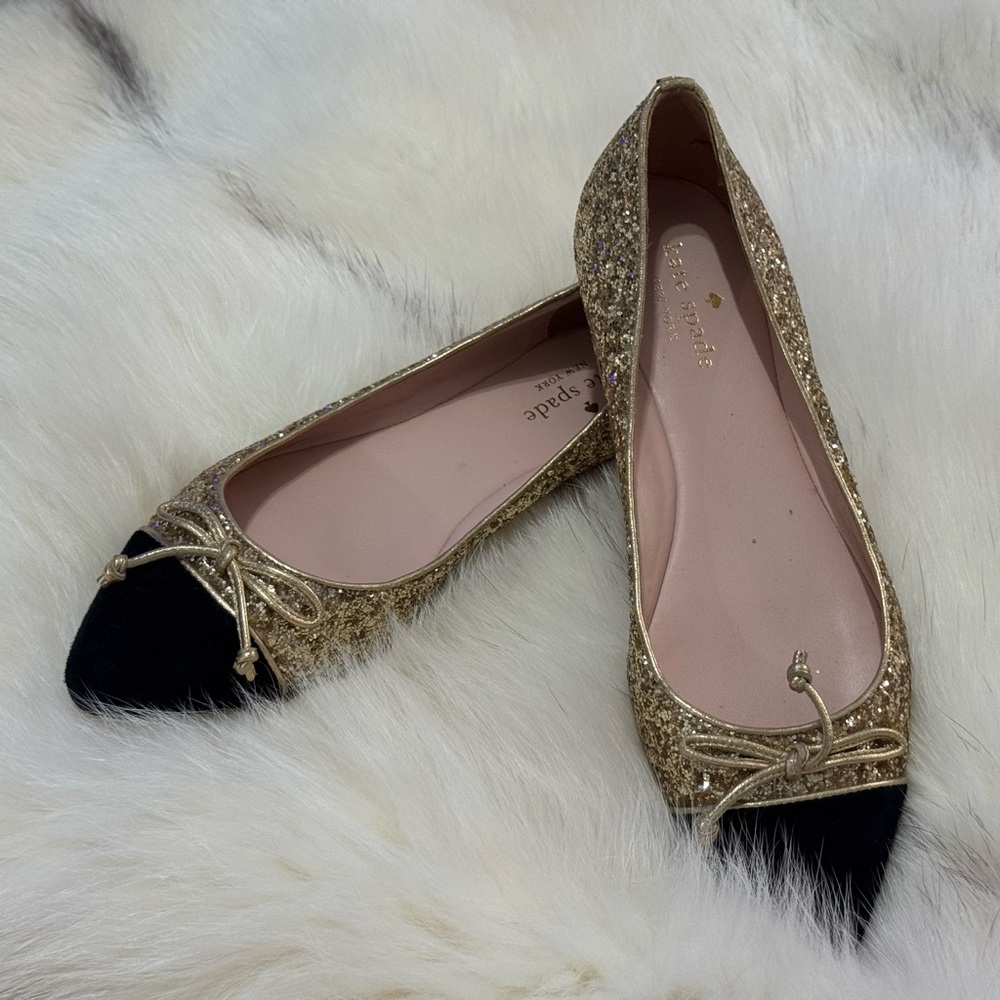 Kate Spade Nella Ballet Flats Gold Glitter Black Suede Size 7 WORN ONCE